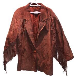 Vintage Interin Women's Fringe Split Pig Skin Suede Coat Jacket Size Large Brown